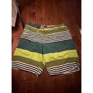 Patagonia Mens Striped Board Shorts Green Navy Blue Swim Trunks Size 38